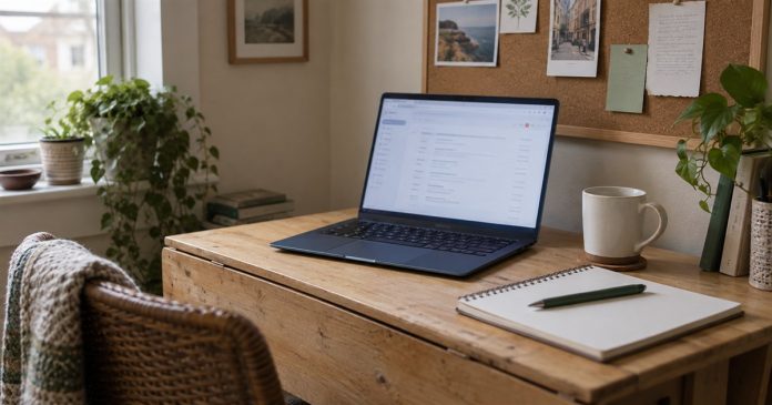 Modern laptop, notebook and green pen on a wooden desk beside a home window.