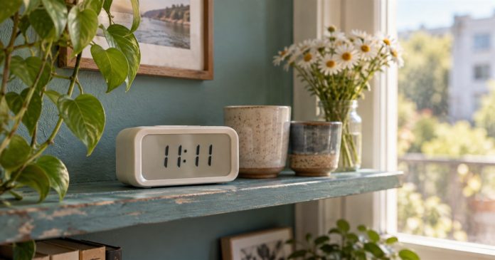 Digital clock displaying 11:11 on a teal shelf beside two ceramic cups and daisies.