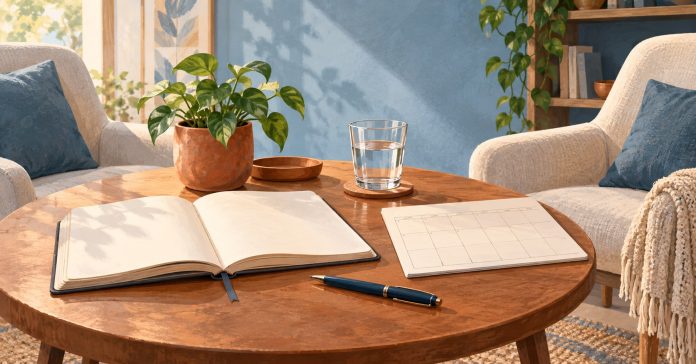 Illustrated open journal, weekly planner and two chairs at a round table in a calm room.