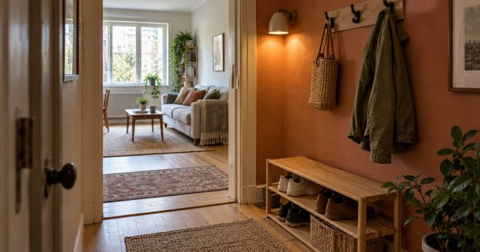 Modest apartment entryway with a wall lamp, coat hooks and shoe rack leading into a bright living room