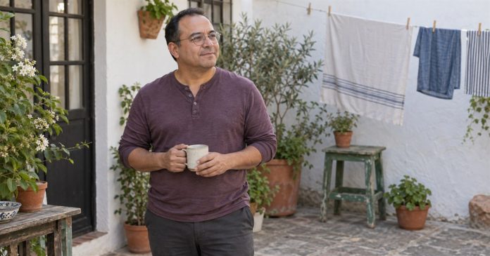 Man in a plum shirt holding a mug in a small courtyard with plants and a laundry line.