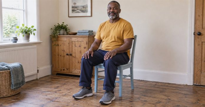 Preparing for a gentle seated pause at home Man sitting upright on a blue wooden chair with his feet on the floor in a simple home room