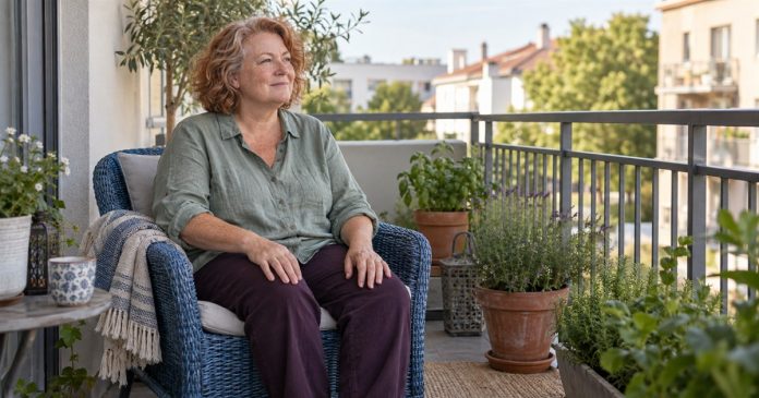 Woman sitting comfortably in a blue chair on a small balcony with potted plants.