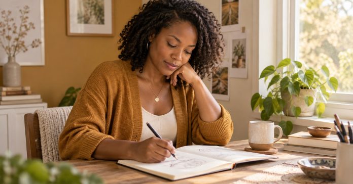 An adult recording a simple visual impression in a notebook beside a sunlit window.