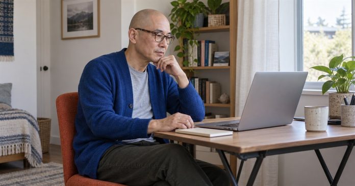 Adult man in a blue cardigan reviewing a laptop at a simple folding desk in a home workspace