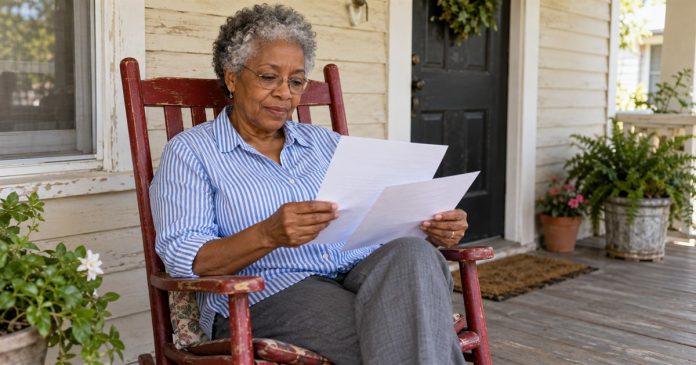 Woman reading two pages while seated in a red wooden chair on a home porch