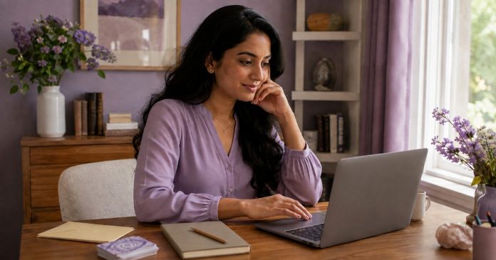An adult South Asian woman with long dark hair wearing a lavender blouse thoughtfully composing an email at her laptop, clear face viewed diagonally from the side, notebook with a short question list beside her