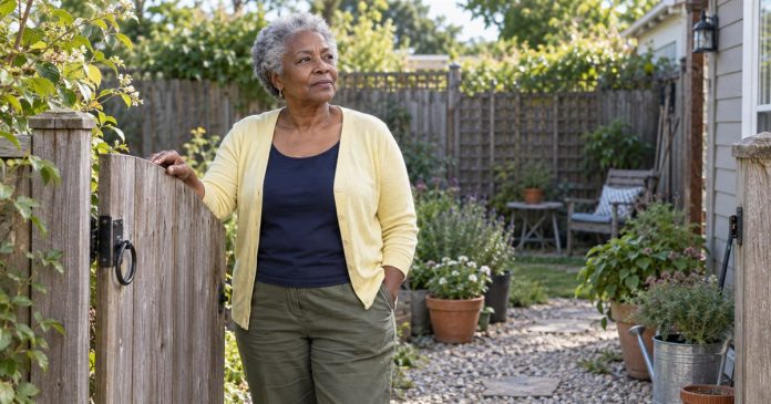 Mature woman in a yellow cardigan pausing beside an open gate in an ordinary backyard