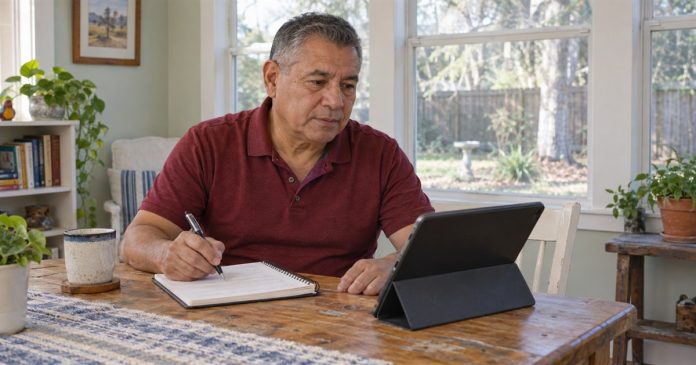 Man comparing a tablet with notebook notes at a wooden table in a home sunroom