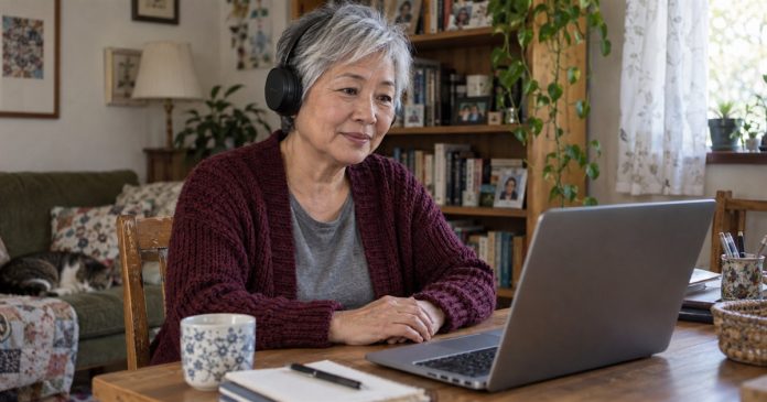 Listening from a modest home workspace Older woman wearing headphones and listening at a laptop in her home living room
