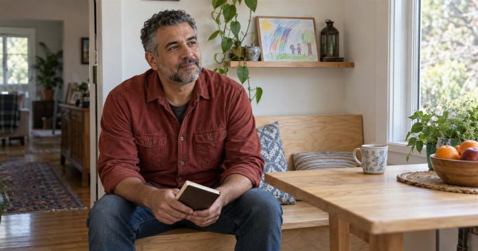Adult man holding a notebook in a modest breakfast nook, with a child's drawing on the shelf