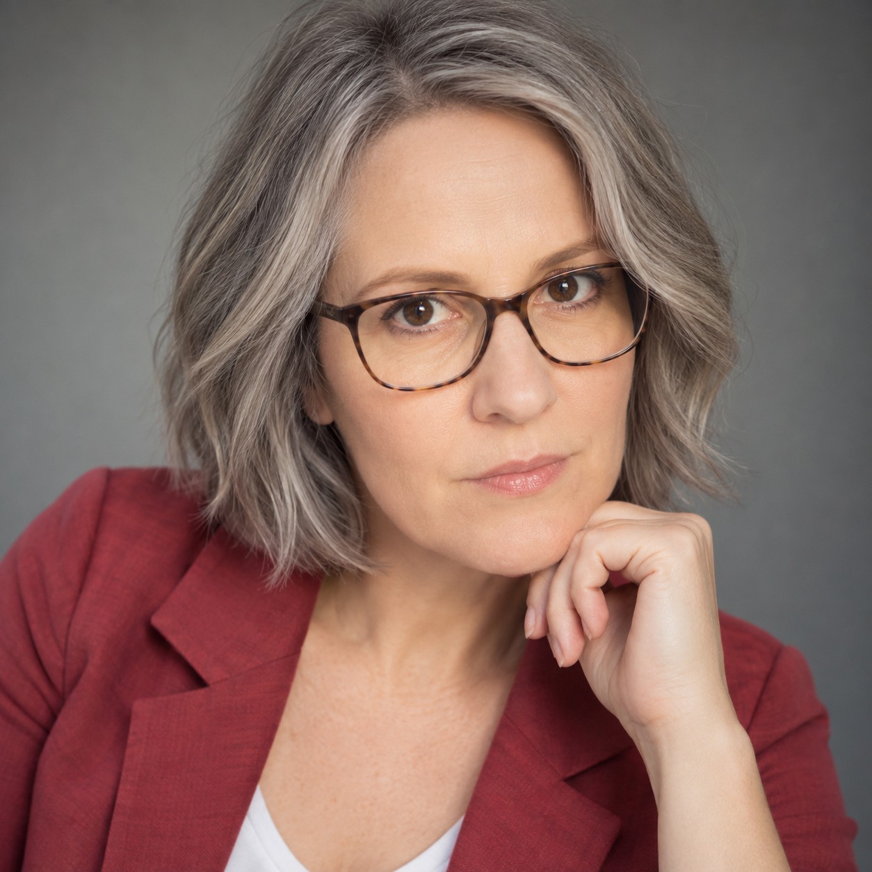Joyce Duncan with a silver-gray bob and tortoiseshell glasses
