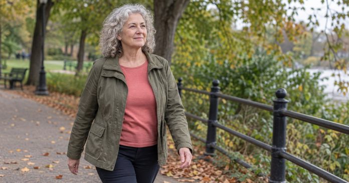 Grey-haired woman in an olive jacket walking along a leafy park path