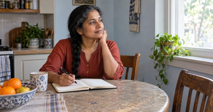A thoughtful pause while journaling at home Woman with a dark and grey braid holding a pen over a notebook at a kitchen table.