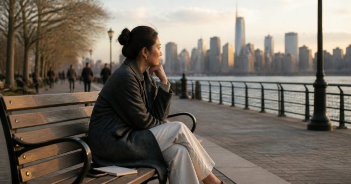 New Yorker pausing on a bench with the Manhattan skyline