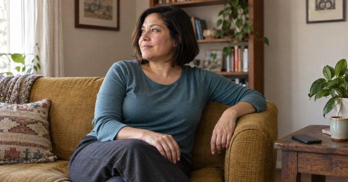 Woman resting on a mustard sofa beside a face-down phone in her living room