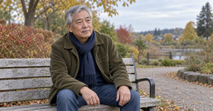 A quiet moment during a relationship change Older man sitting thoughtfully on a weathered bench in an autumn park