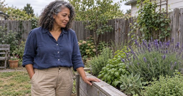 Herb garden reflection Woman observing lavender and leafy herbs in a raised backyard planter