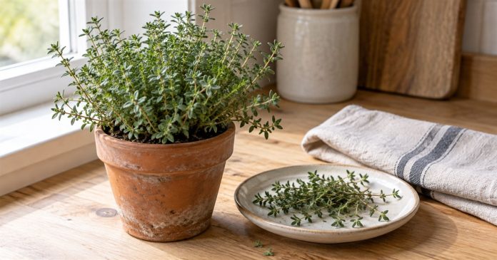 Potted thyme and fresh sprigs on a cream saucer beside a kitchen window