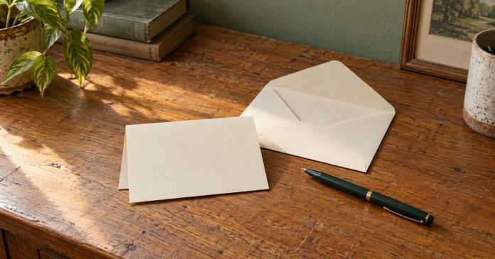Private reflection with an unsent note Blank folded note, open envelope and green pen on a wooden desk in a home