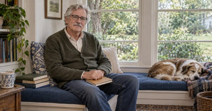An older man with silver hair and glasses resting his hands on a notebook on a blue window seat, with a dog nearby.