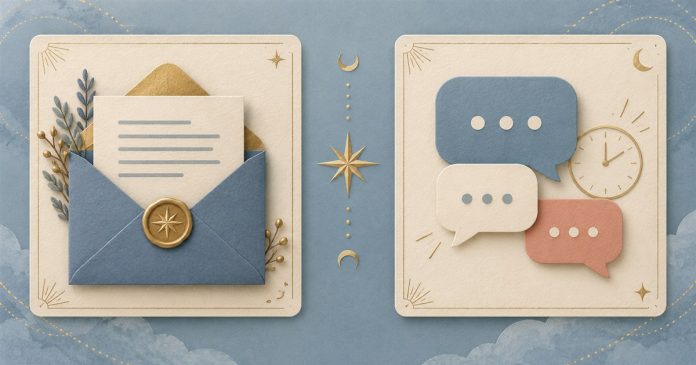 An envelope and speech bubbles illustrating email and live chat reading formats.
