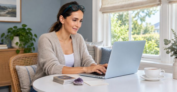 email-questions-distinct-model-20261014 A woman typing an email reading question on a pale-blue laptop beside tarot cards and an amethyst.